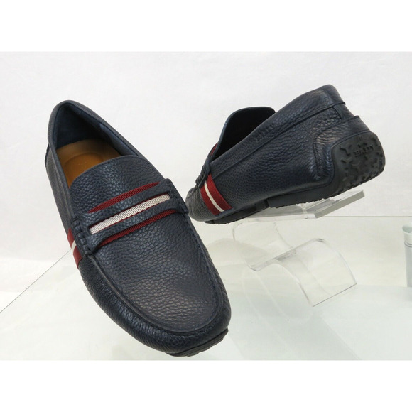 BALLY PIETRO NAVY BLUE GRAINED LEATHER WEB LOGO PENNY LOAFERS 10 D US 43 ITALY main image 4
